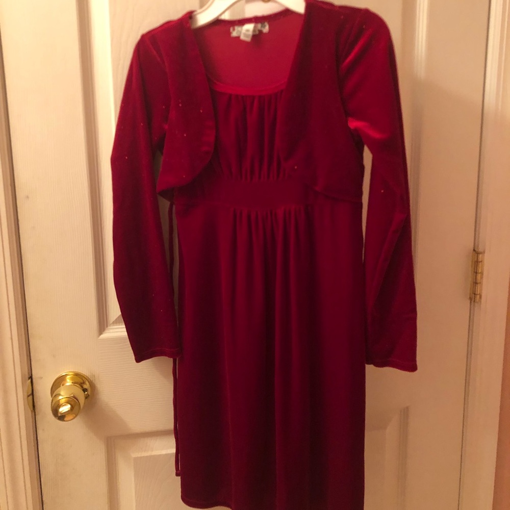 Girls’ Size 10 Red Dress with Attached Sparkly Jacket